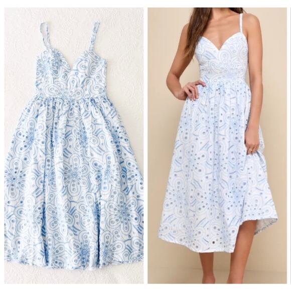 New! Lulu's Wm'S Sunny Poise White Cotton Eyelet Blue on White Midi Dress L# 50 - Picture 7 of 10